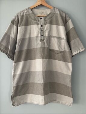 Bianco Jeans Striped Cotton Short-Sleeve Henley Shirt in Beige  Gray and Cream